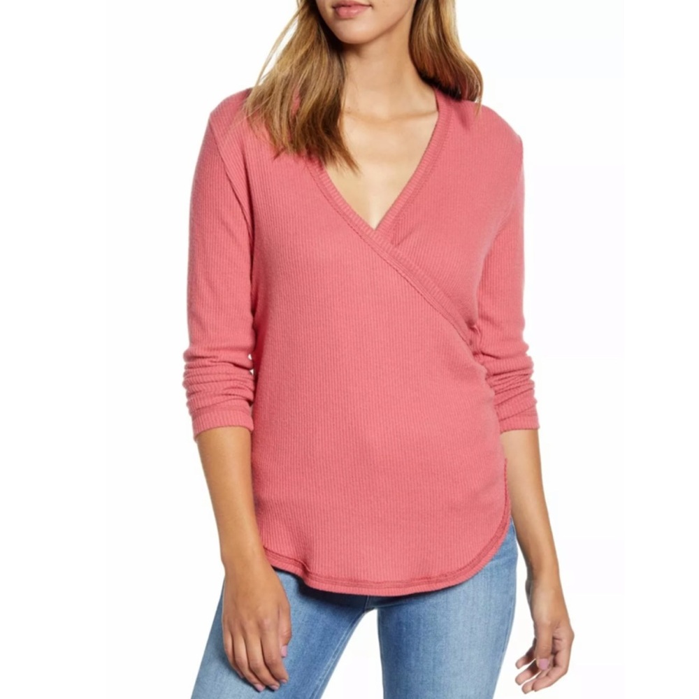 Caslon ribbed surplice long sleeve knit top pink M
